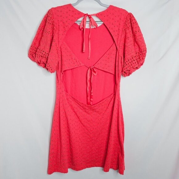 FREE PEOPLE Apricot Rose Mini Dress STRAWBERRY SPRITZ PINK size L Puff Sleeve - Picture 9 of 10